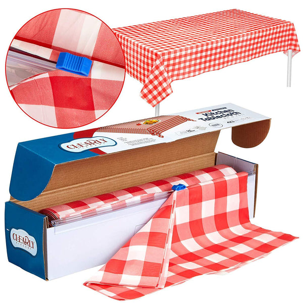 Red Gingham Plastic Tablecloth Roll With Cutter, 100' x 52" - Heavy Duty Party Table Cloth In Self Cutting Box - For Picnics, BBQs, and Birthday Parties - By Clearly Elegant