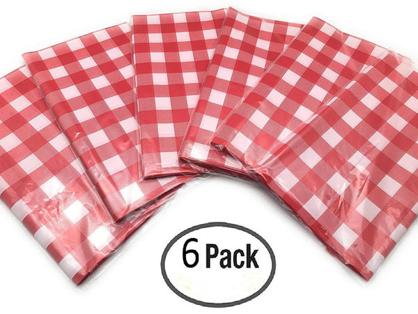 Oojami Pack of 6 Plastic Red and White Checkered Tablecloths - 6 Pack - Picnic Table Covers