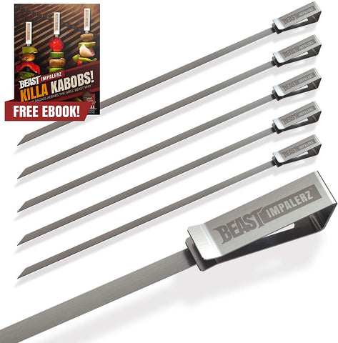 Grill Beast BBQ Skewers - 6 Reusable Flat Blade Stainless Steel with Sharp, Angled Points for Grilling Seafood, Vegetable, or Fruit Kebabs