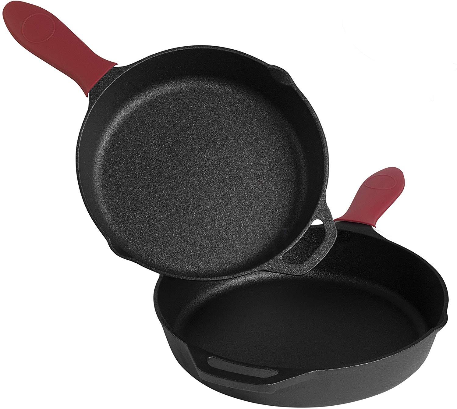 MEKBOK Cast Iron Skillet Set of 2 | Pre-seasoned 10 & 12 Inch Non-Stick Skillets | Multifunctional Pots for Frying, Cooking, Baking, Grilling |Use On Induction, Electric.