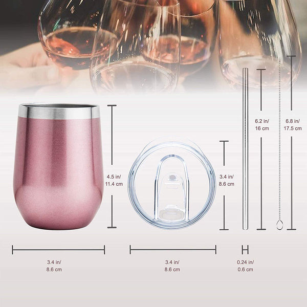 Carpe 12 oz Stemless Insulated Wine Glass Tumbler with Sliding Lid and Straw, Spill Proof Stainless Steel Double-Wall Wine Tumbler Cups for Champaign, Cocktail, Coffee, Drinks, Set of 2 (Rose Gold)