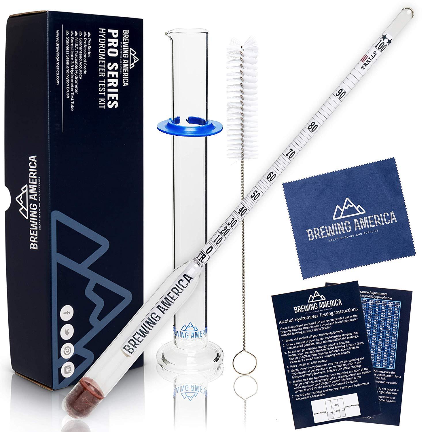 Hydrometer Alcohol Meter Test Kit: Distilled Alcohol American-made 0-200 Proof Pro Series Traceable Alcoholmeter Tester Set with Glass Jar