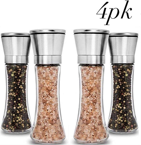 Premium Stainless Steel Salt and Pepper Grinder Set 4 Pack-Adjustable Ceramic Sea Salt Grinder & Pepper Grinder-Tall Glass Salt and Pepper Shakers-Pepper Mill & Salt Mill W/Collapsible Funnel & EBook