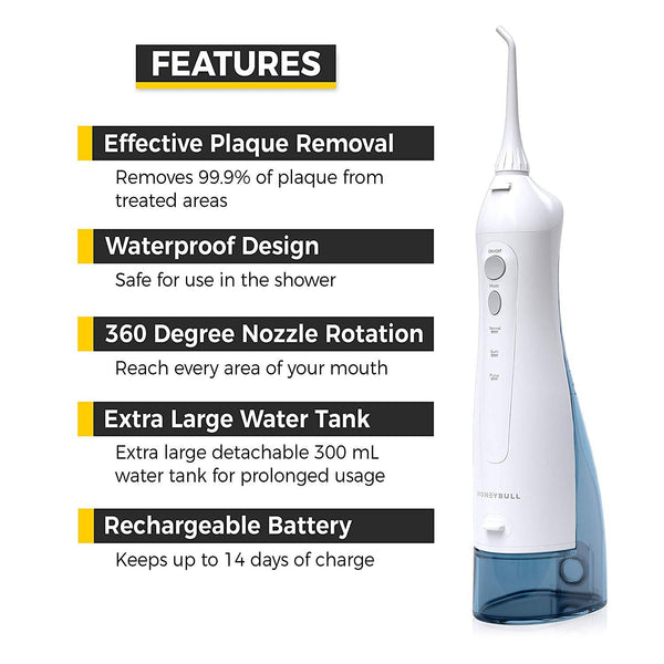 HoneyBull Water Flosser with 3 Modes, 4 Tips & Travel Bag (300mL) Rechargeable