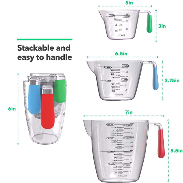 Vremi 3 Piece Plastic Measuring Cups Set - BPA Free Liquid Nesting Stackable Measuring Cups with Spout and Decorative Red Blue and Green Handles - includes 1, 2 and 4 Cup with Ml and Oz Measurement