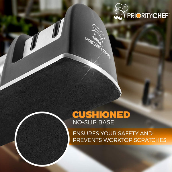 PriorityChef Knife Sharpener for Straight and Serrated Knives, 2-Stage Diamond Coated Wheel System, Sharpens Dull Knives Quickly, Safe and Easy to Use