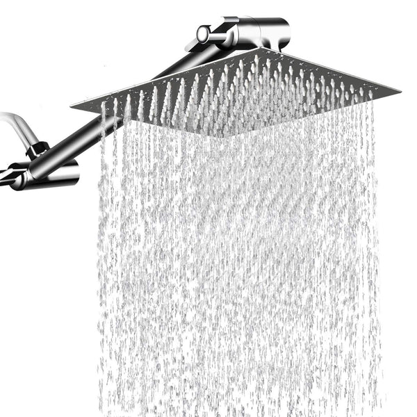 12 Inches Square Rain Showerhead with 11 Inches Adjustable Extension Arm,Large Stainless Steel High Pressure Shower Head,Ultra Thin Rainfall Bath Shower with Silicone Nozzle Easy to Clean and Install