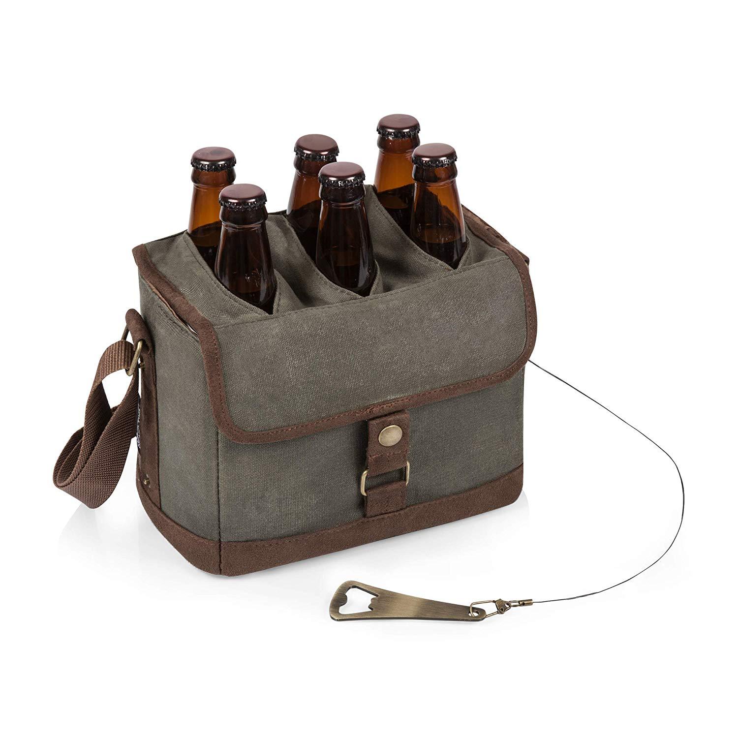 LEGACY - a Picnic Time Brand 6-Bottle Beer Caddy with Integrated Bottle Opener, Khaki Green/Brown