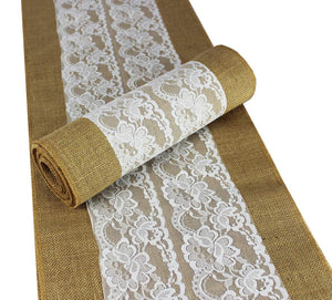Cotton Craft - 2 Pack - Jute Burlap with Lace Table Runner - 12 in. x 108 in. Each - 6 Yards Total - Rustic Hessian - Overlocked Edges - for Weddings, Home Décor & Crafts