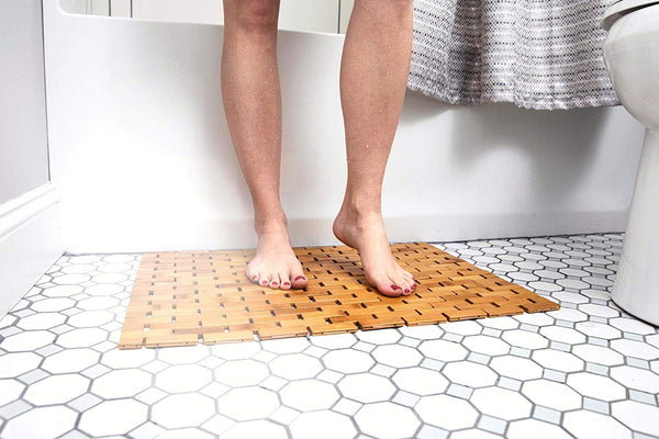 Natural Bamboo Wood Bath Mat: Wooden Door Mat/Kitchen Floor Rug - Bathroom Shower and Tub Mats