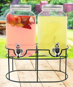 Estilo 1 gallon Glass Mason Jar Double Beverage Drink Dispenser On Metal Stand With Leak Free Spigot