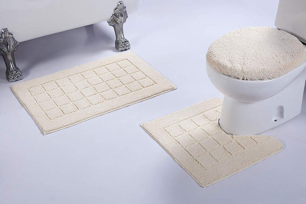 Fancy Linen 3pc Non-Slip Bath Mat Set with Square Pattern Solid Gray Bathroom U-Shaped Contour Rug, Mat and Toilet Lid Cover New # Bath 60