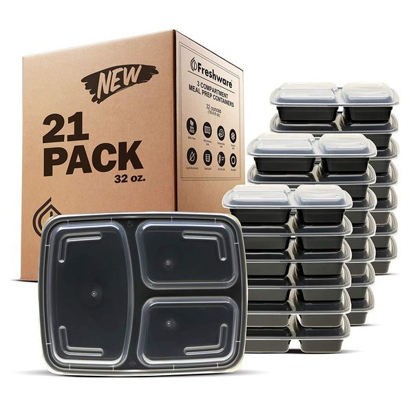 Freshware Meal Prep Containers [15 Pack] 3 Compartment with Lids, Food Containers, Lunch Box | BPA Free | Stackable | Bento Box, Microwave/Dishwasher/Freezer Safe, Portion Control, 21 day fix (32 oz)