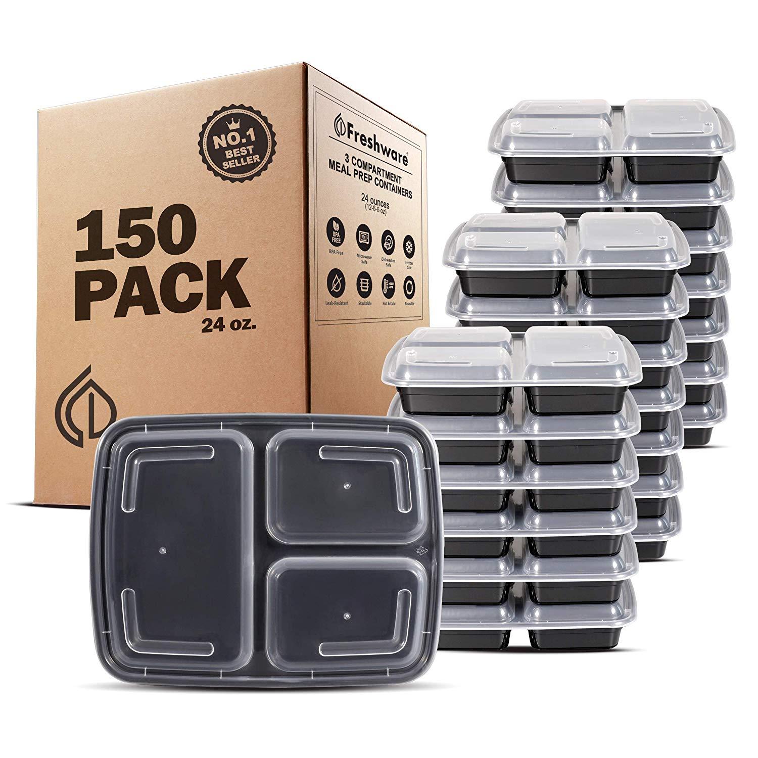 Freshware Meal Prep Containers [21 Pack] 3 Compartment with Lids, Food Storage Bento Box | BPA Free | Stackable | Lunch Boxes, Microwave/Dishwasher/Freezer Safe, Portion Control, 21 day fix (24 oz)
