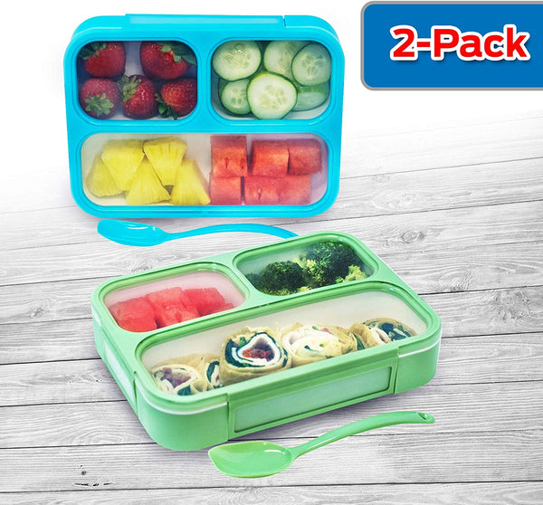 Bizz Bento Lunch Boxes with Spoon (2-Pack) 3-Compartment Leakproof Food Storage Container, Work, Home, School, Meal Prep, Portion Control, Dry or Liquid, Men, Women, Kids