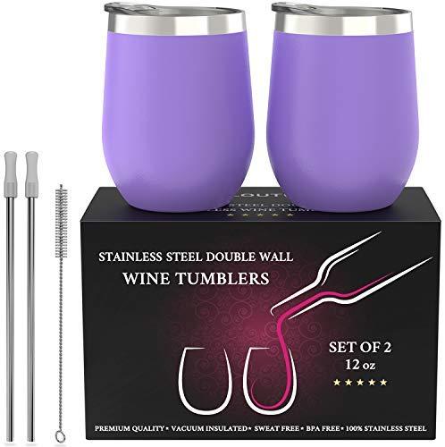 CHILLOUT LIFE Stainless Steel Stemless Wine Glass Tumbler 2 Pack Rose Gold 12 oz | Double Wall Vacuum Insulated Wine Tumbler with Lids and Straws Set of Two for Coffee, Wine, Cocktails, Ice Cream