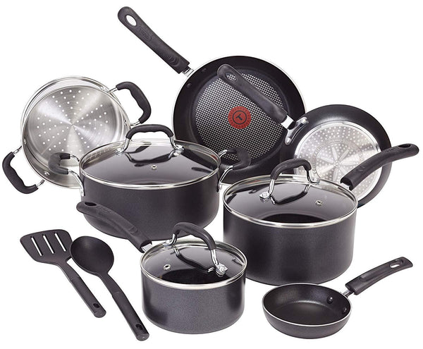 T-fal C530SC Signature Nonstick Dishwasher Safe Cookware Set, Nonstick Pots and Pans Set, Thermo-Spot Heat Indicator, 12 Piece, Black