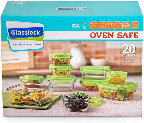 2 X New Snaplock Lid: Tempered Glasslock Storage Containers with green lids 20pc set~Microwave & Oven Safe