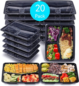 Sable Meal Prep Containers 20 Pack (33 oz), 3 Compartment Leak-Proof Reusable Bento Box, BPA Free and FDA Registered, Heat and Cold Resistant, Stackable for Storage, Large