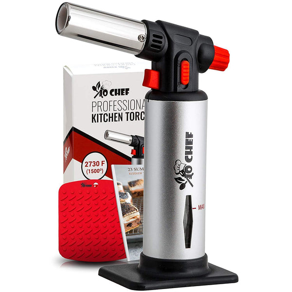 Jo Chef Kitchen Torch, Blow Torch - Refillable Butane Torch With Adjustable Flame - Culinary Torch, Creme Brûlée Torch For Cooking Food, Baking, BBQ & More + FREE Recipe eBook (With Fuel Gauge)