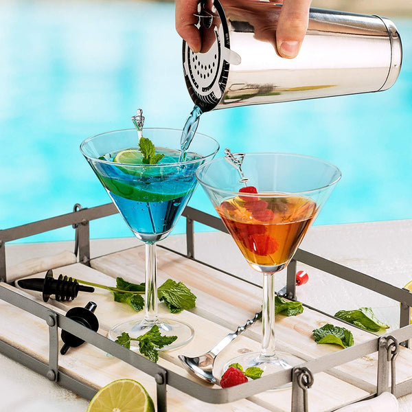 Expert Cocktail Shaker Home Bar Set - 14 Piece Stainless Steel Bar Tools Kit with Shaking Tins, Flat Bottle Opener, Double Bar Jigger, Hawthorne Strainer, Shot Glasses, Bar Spoon, and 6 Pour Spouts.
