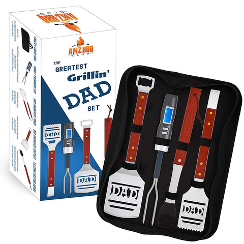 Dad BBQ Grill Set with Carry Case - 4-Piece Includes Spatula, Tongs, Digital Thermometer, Basting Brush and Case - Great Gift for Father's Day, Dad's Birthday or Anytime for Dad