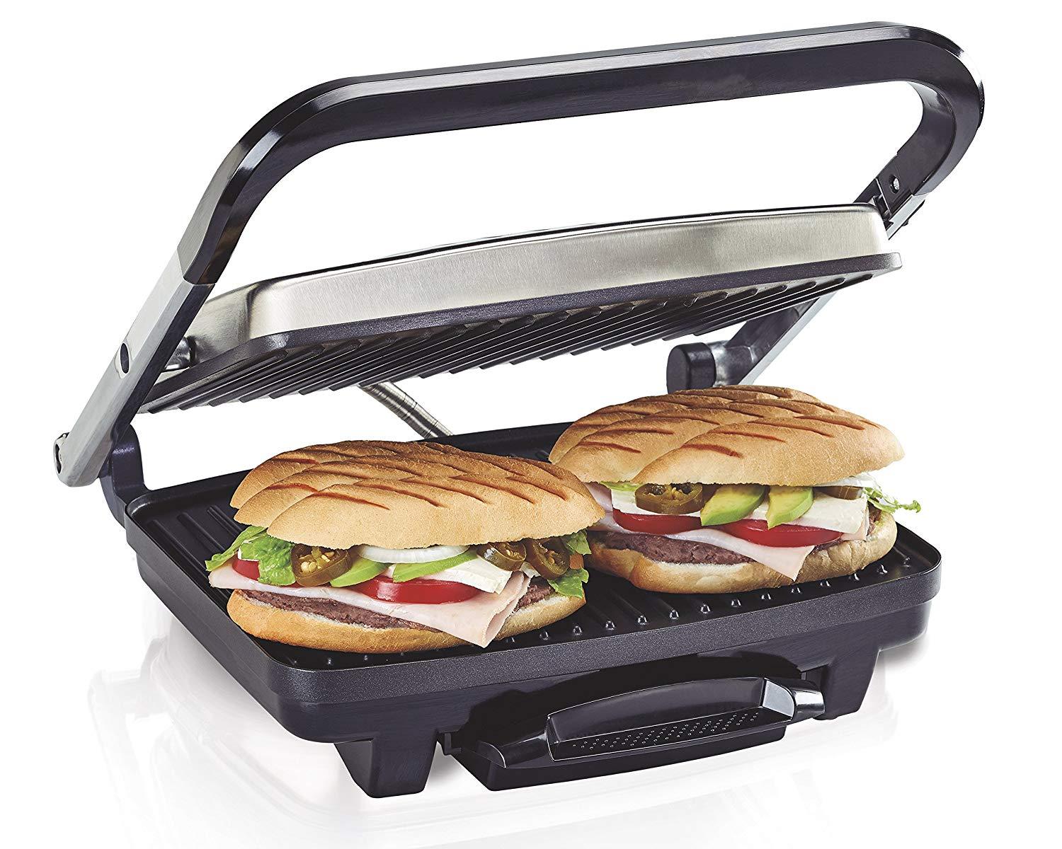 Hamilton Beach Electric Panini Press Grill with Locking Lid, Opens 180 Degrees for Any Sandwich Thickness (25460A) Nonstick 8" x 10" Grids Chrome Finish