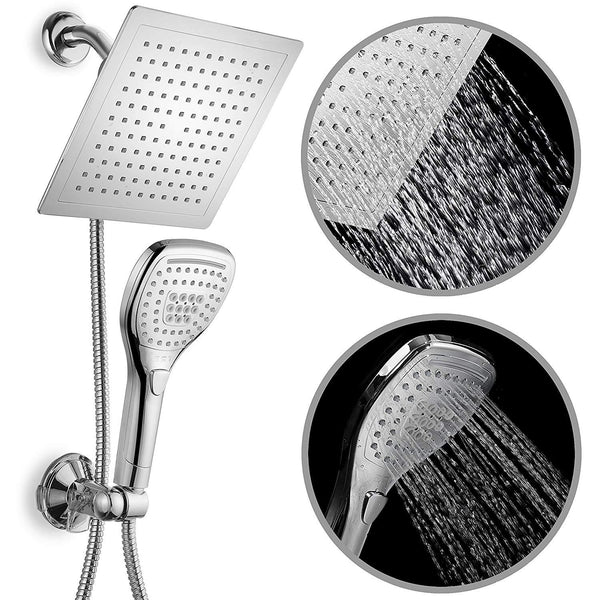 DreamSpa Ultra-Luxury 9" Rainfall Shower Head/Handheld Combo. Convenient Push-Button Flow Control Button for easy one-handed operation. Switch flow settings with the same hand! Premium Chrome