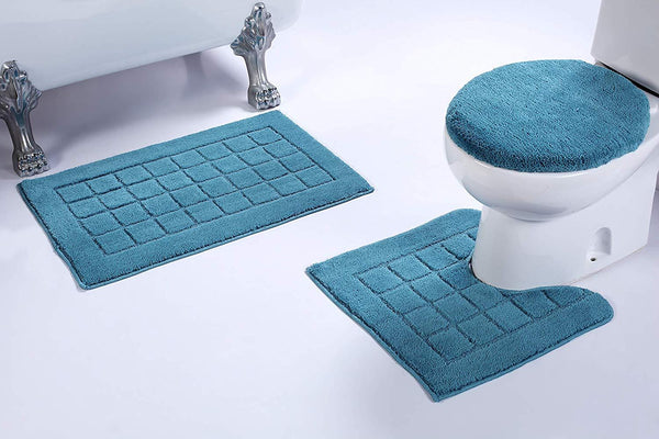 Fancy Linen 3pc Non-Slip Bath Mat Set with Square Pattern Solid Gray Bathroom U-Shaped Contour Rug, Mat and Toilet Lid Cover New # Bath 60