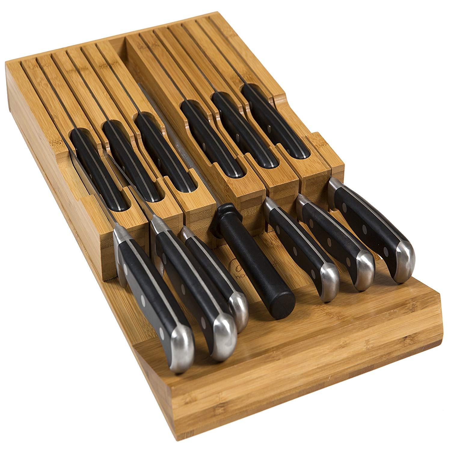 In-Drawer Bamboo Knife Block Holds 16 Knives (Not Included) Without Pointing Up PLUS a Slot for your Knife Sharpener! Noble Home & Chef Knife Organizer Made from Quality Moso Bamboo