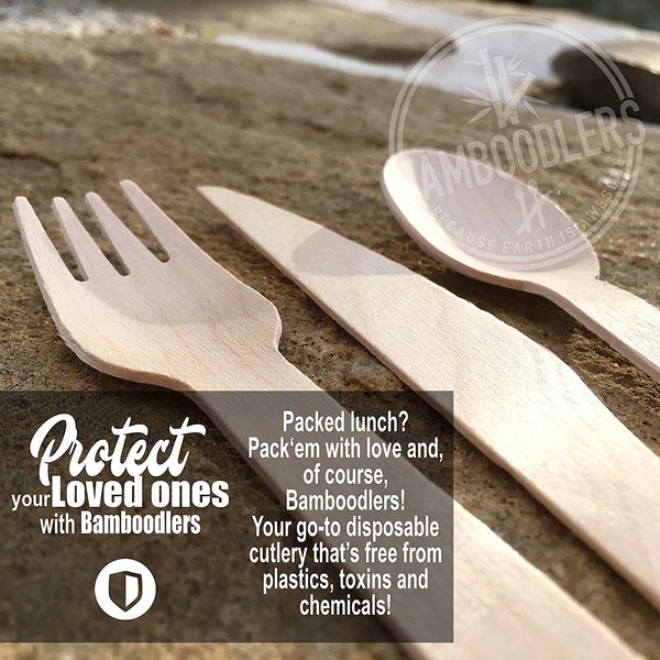 BAMBOODLERS Disposable Wooden Cutlery Set | 100% All-Natural, Eco-Friendly, Biodegradable, and Compostable - Because Earth is Awesome! Pack of 200-6.5” Utensils (100 Forks, 50 Spoons, 50 Knives)