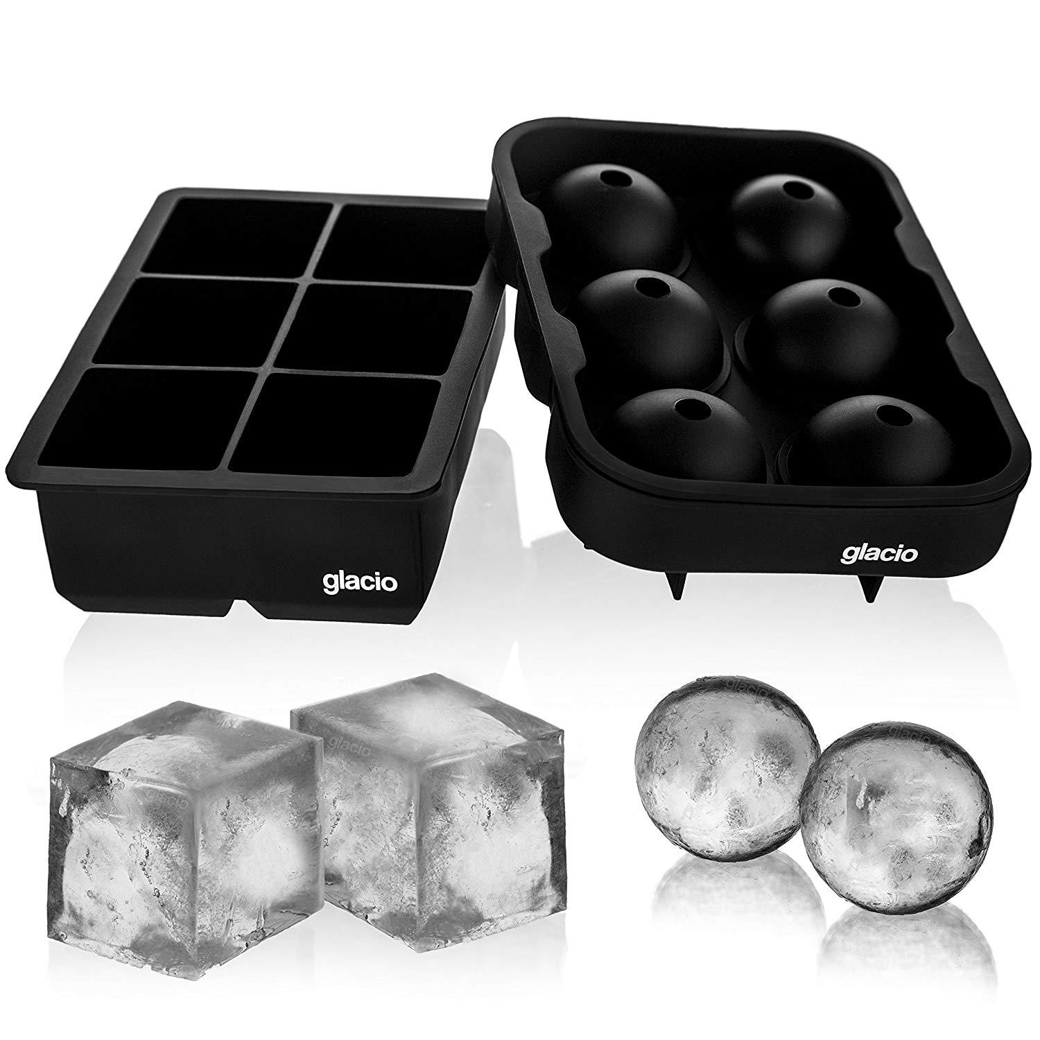 glacio Ice Cube Trays Silicone Combo Mold - Set of 2, Sphere Ice Ball Maker with Lid & Large Square Molds, Reusable and BPA Free