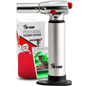 Jo Chef Kitchen Torch, Blow Torch - Refillable Butane Torch With Adjustable Flame - Culinary Torch, Creme Brûlée Torch For Cooking Food, Baking, BBQ & More + FREE Recipe eBook (With Fuel Gauge)