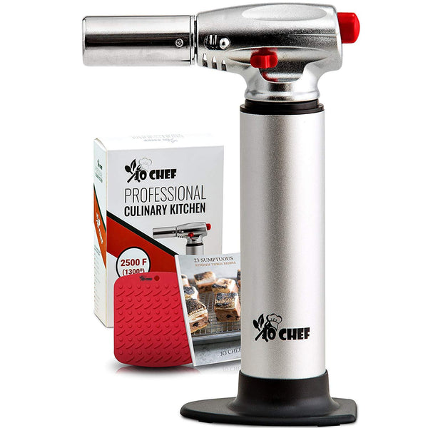 Jo Chef Kitchen Torch, Blow Torch - Refillable Butane Torch With Adjustable Flame - Culinary Torch, Creme Brûlée Torch For Cooking Food, Baking, BBQ & More + FREE Recipe eBook (With Fuel Gauge)