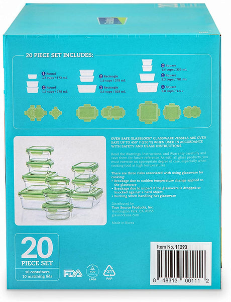 2 X New Snaplock Lid: Tempered Glasslock Storage Containers with green lids 20pc set~Microwave & Oven Safe