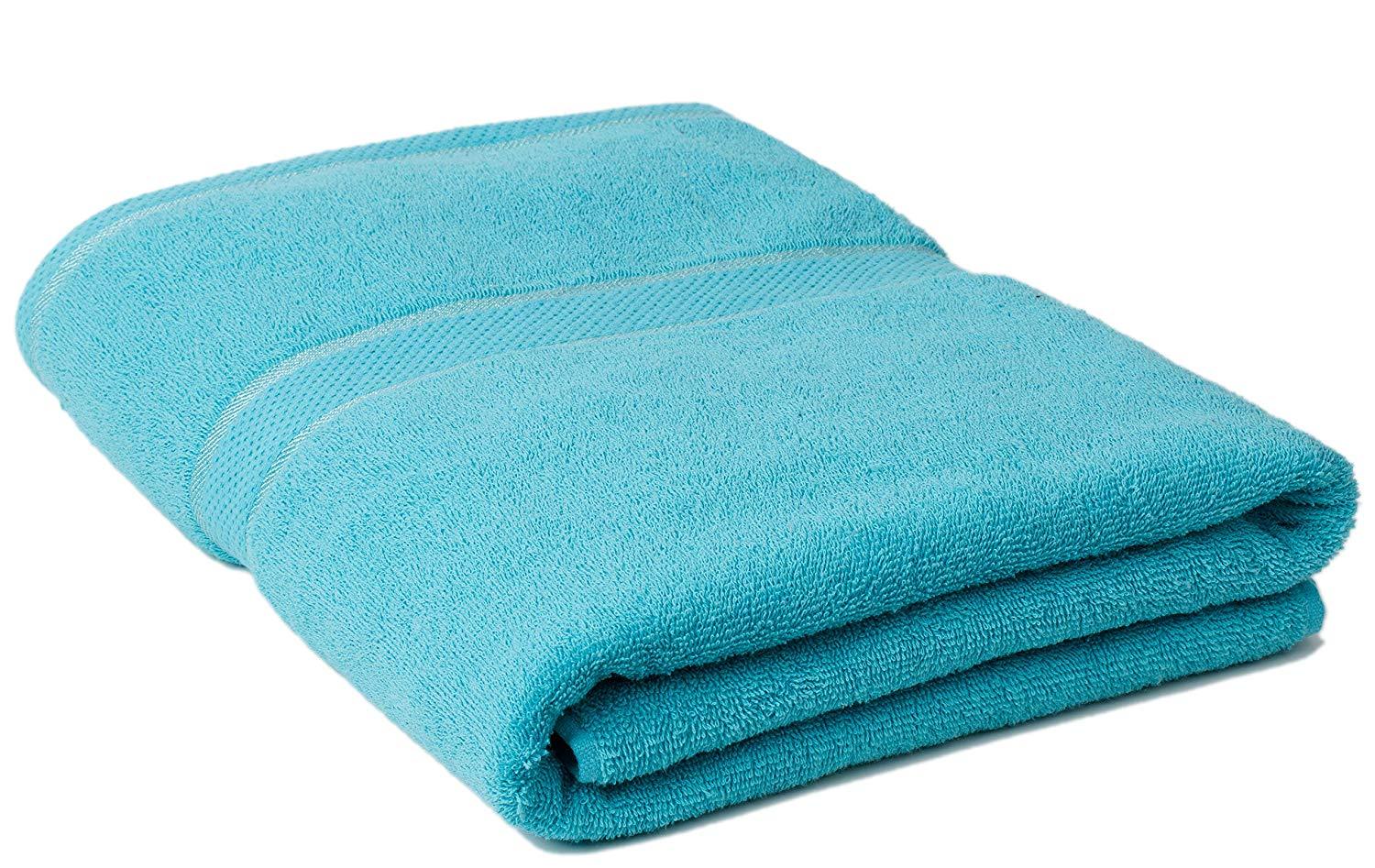 Classic Collection Premium 100% Organic Cotton Oversized Extra Large Bath Towels 34" X 60" Natural, Durable, Ultra-Absorbent,Luxurious Rayon Trim,Embroidery Decorative Set(2 Pack,Blue)