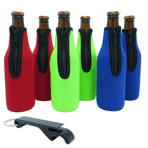 Beer Bottle Sleeves - Set of 6 (Classic) Bottle Sleeves - Extra Thick Neoprene with Stitched Fabric Edges with Bonus Bottle Opener