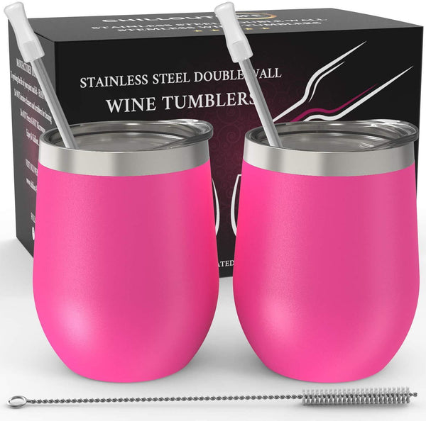 CHILLOUT LIFE Stainless Steel Stemless Wine Glass Tumbler 2 Pack Rose Gold 12 oz | Double Wall Vacuum Insulated Wine Tumbler with Lids and Straws Set of Two for Coffee, Wine, Cocktails, Ice Cream