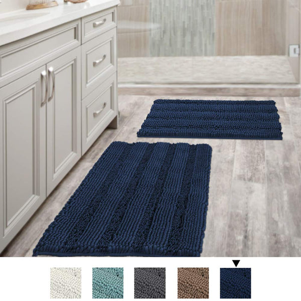 Navy Blue Bathroom Rugs Slip-Resistant Extra Absorbent Soft and Fluffy Striped Bath Mat Set Chenille Bath Rugs, Floor Mats Dry Fast Machine Washable (Set of 2-20" x 32"/17" x 24")