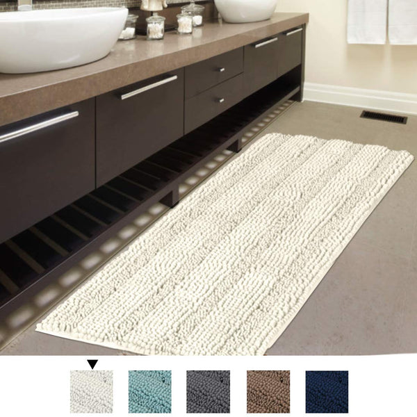 H.VERSAILTEX Bath Rug Runner 47" X 17" Large and Luxury Grey Striped Bath Mat Runner Ultra Soft Thick Non Slip Washable, Plush Shaggy Chenille Bathroom Rug Mat for Indoor Floor/Entry Way