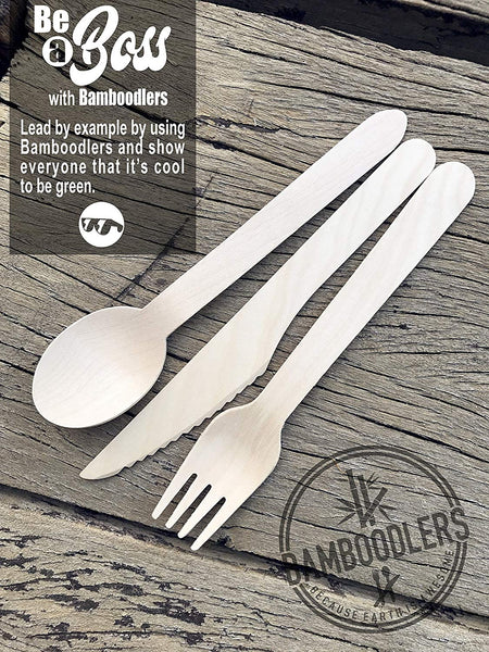 BAMBOODLERS Disposable Wooden Cutlery Set | 100% All-Natural, Eco-Friendly, Biodegradable, and Compostable - Because Earth is Awesome! Pack of 200-6.5” Utensils (100 Forks, 50 Spoons, 50 Knives)