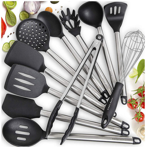 11 Silicone Cooking Utensils Kitchen Utensil set - Stainless Steel Silicone Kitchen Utensils Set - Silicone Utensil Set Spatula Set - Silicone Utensils Cooking Utensil Set - Kitchen Tools and Gadgets