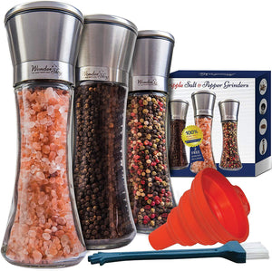 HOME EC Salt and Pepper Grinder Set of 3 - Tall Salt and Pepper Shakers with Adjustable Coarseness - Stainless Steel Pepper Mill Shaker and Salt Grinders Mills Set with FREE Cleaning Brush