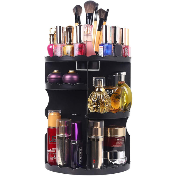 sanipoe 360 Rotating Makeup Organizer, DIY Adjustable Makeup Carousel Spinning Holder Storage Rack, Large Capacity Make up Caddy Shelf Cosmetics Organizer Box, Best for Countertop, Black