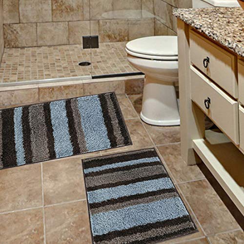 HEBE Non-Slip Bathroom Rug Mat Shag Microfiber Shower Bath Rug Absorbent Bath Mat for Bathroom Machine Washable(18x26, Blue/Grey)