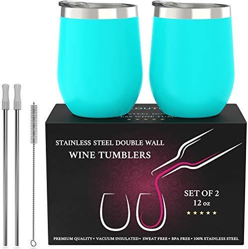 CHILLOUT LIFE Stainless Steel Stemless Wine Glass Tumbler 2 Pack Rose Gold 12 oz | Double Wall Vacuum Insulated Wine Tumbler with Lids and Straws Set of Two for Coffee, Wine, Cocktails, Ice Cream