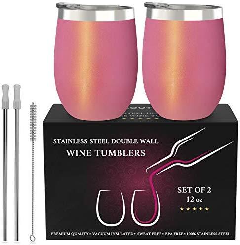 CHILLOUT LIFE Stainless Steel Stemless Wine Glass Tumbler 2 Pack Rose Gold 12 oz | Double Wall Vacuum Insulated Wine Tumbler with Lids and Straws Set of Two for Coffee, Wine, Cocktails, Ice Cream