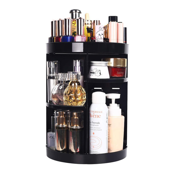 sanipoe 360 Rotating Makeup Organizer, DIY Adjustable Makeup Carousel Spinning Holder Storage Rack, Large Capacity Make up Caddy Shelf Cosmetics Organizer Box, Best for Countertop, Black