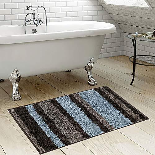 HEBE Non-Slip Bathroom Rug Mat Shag Microfiber Shower Bath Rug Absorbent Bath Mat for Bathroom Machine Washable(18x26, Blue/Grey)