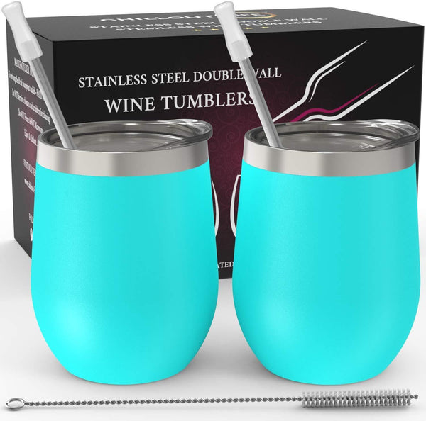 CHILLOUT LIFE Stainless Steel Stemless Wine Glass Tumbler 2 Pack Rose Gold 12 oz | Double Wall Vacuum Insulated Wine Tumbler with Lids and Straws Set of Two for Coffee, Wine, Cocktails, Ice Cream